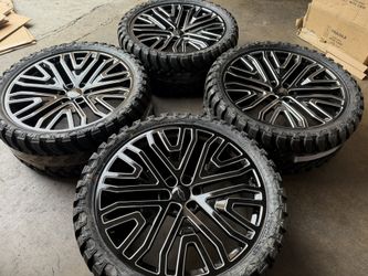 26” Mesh Sierra Black Milled Wheels with 35” MT Tires Sierra Yukon Tahoe Escalade 