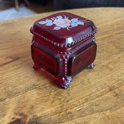 Vintage Westmoreland Ruby Red Footed Glass Jewelry Trinket Box, Hand Painted