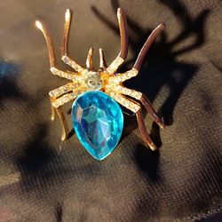 Large Gold Tone & Sky Blue Spider Ring