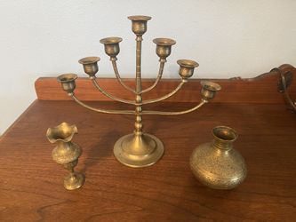 Brass Candelabra And Vase Set - Great Condition