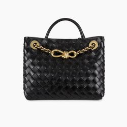 Bottega Veneta Black Woven Shoulder Bag with Black Gold Chain