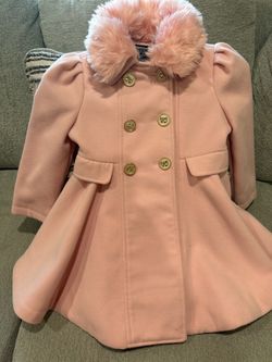 Girls Pink Double-Breasted Coat with Faux Fur Collar