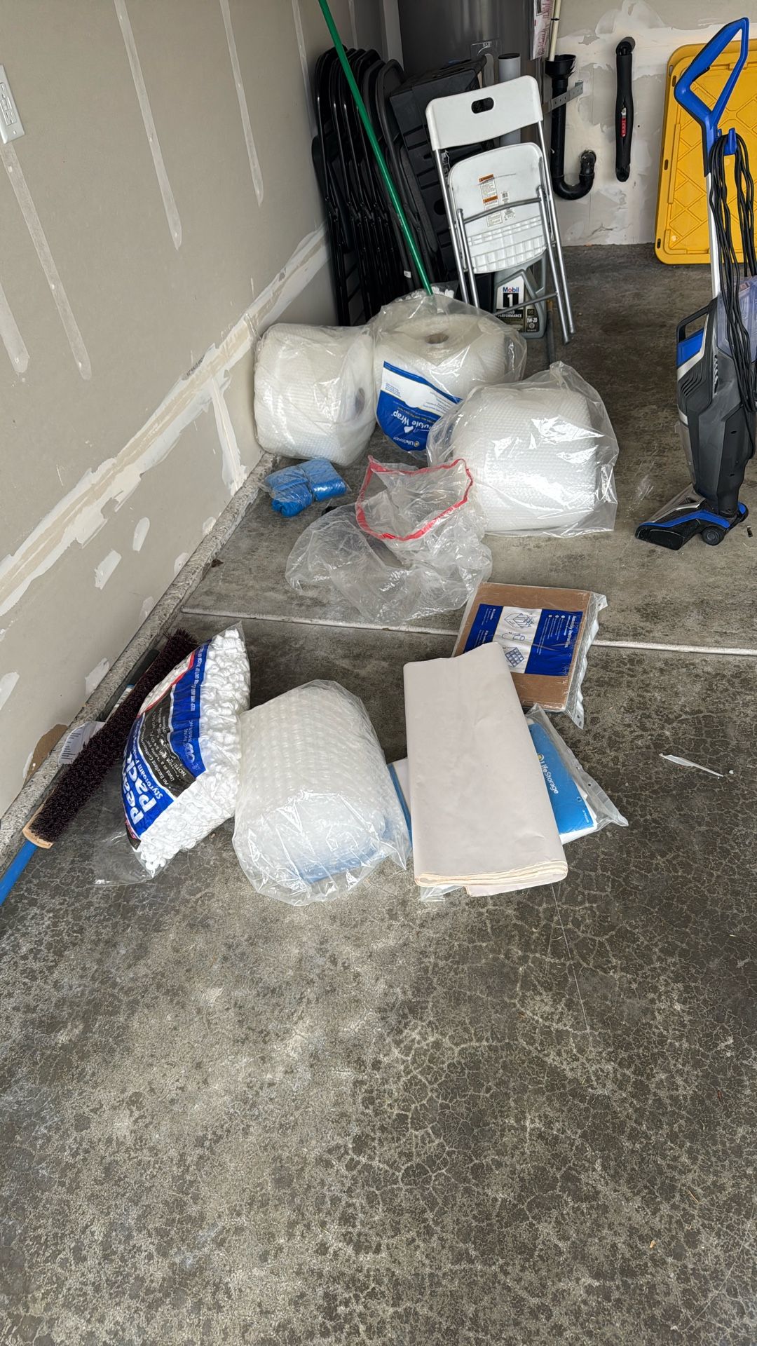A bunch of bubble wrap and new foam peanuts.