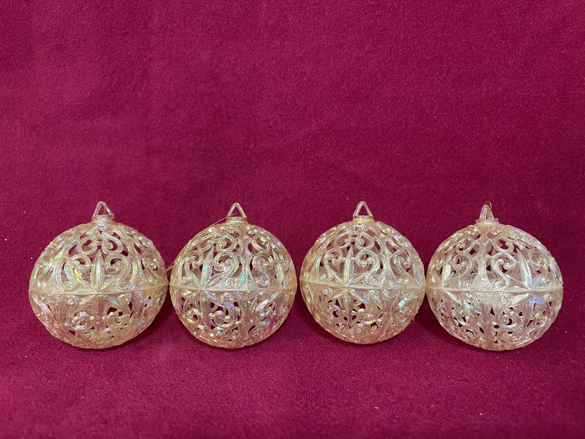 Lot 4 Vintage Iridescent Plastic Filigree Pierced Christmas Balls Ornaments