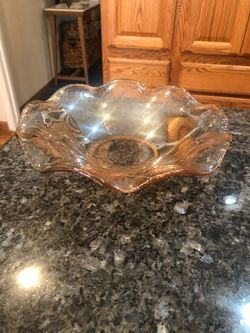 Vintage Depression Glass Light Marigold Iridescent Carnival Glass Bowl / Dish.  With a floral design, pattern scalloped /  Ruffle top around the edges