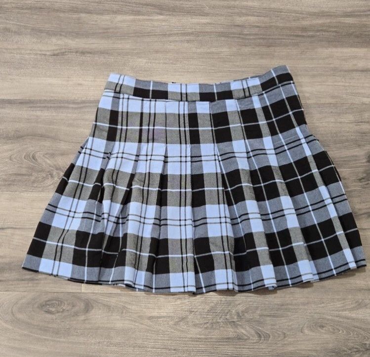 Blue And Black Plaid Pleated Mini Skirt