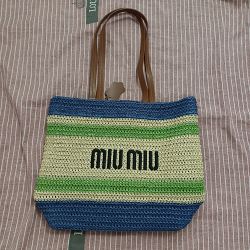 Miu Miu straw braided stripe patchwork Tote Handbag 