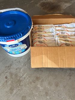 NEW unopened pool chlorine + shock. Bioguard 25 lbs tablets and 12 bags shock - $90
