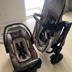 $140 Evenflo Pivot Modular Travel System with LiteMax Infant Car Seat with Anti-Rebound Bar (Desert Tan)