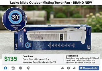 Lasko YF321 42" Misting Outdoor Tower Fan with 10-Foot Power Cord and 4 speeds: White