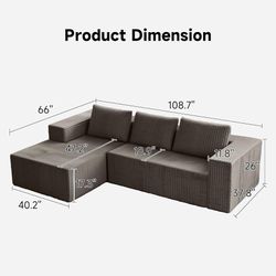 Upgrade 108’’ L Shape Cloud Couch, Plush Corduroy Sectional Sofa with Chaise, Boneless Couches for Living Room Bedroom, No Assembly Required (Khaki, L