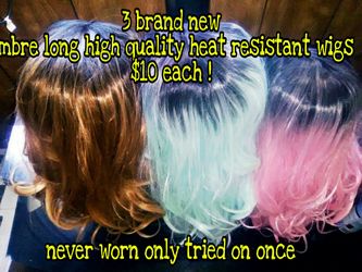 New wigs synthetic, heat resistant, ten bucks each