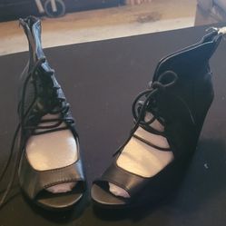 Ankle High Heel Lace Up Black Wedge Boots