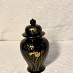 Vintage Ceramic "Golden Iris" Black With Gold Flowers Ginger Jar Vase