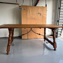 Vintage Hardwood Table With Wrought Iron Support. Excellent Condition. Beautiful Wood Grain. Removable End Pieces