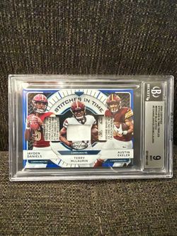 2024 Panini Certified - Stitches in Time Triple Terry McLaurin, Austin Ekeler, Jayden Daniels #SITT-WAS Mirror Blue Etch /20 (MEM, RC) Scary Terry Jer