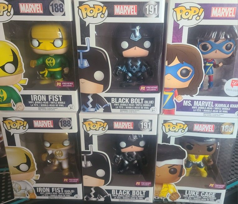 Funko Pop! MARVEL Black Bolt # 191 Rare & Vaulted, #188 Iron Fist (Gold), #188 Iron Fist, #188 Luke Cage, #191 Black Bolt (Blue) PX previews Exclu
