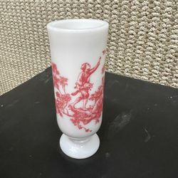 vintage Avon milk glass footed demitasse cup or bud vase, featuring a red toile pattern of a Victorian scene.  Manufacturer: Avon Material: White milk