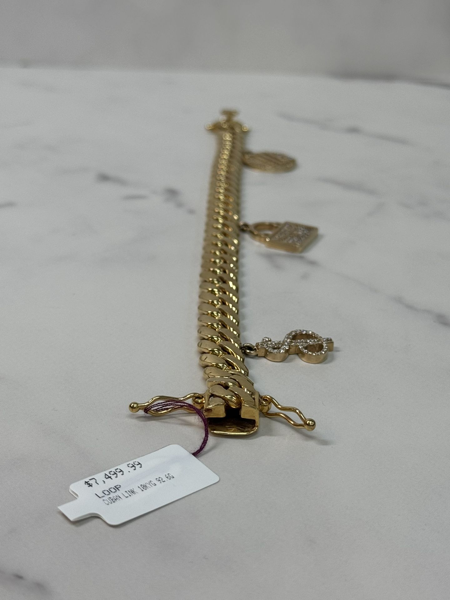 Charm Bracelet Cuban Link and Diamond 14k/92.6g/9.5”