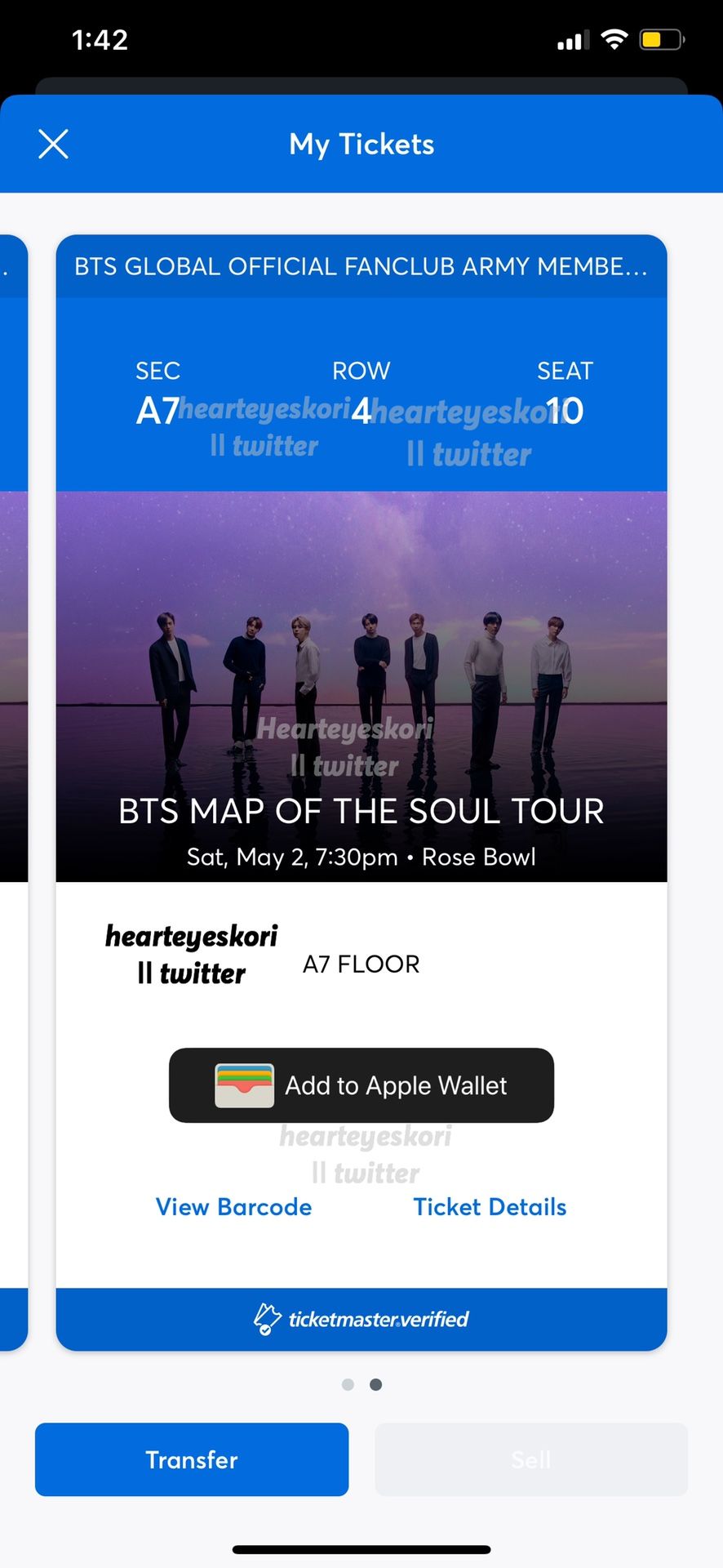 BTS FLOOR TICKET - ROSEBOWL PASADENA - MAY 2