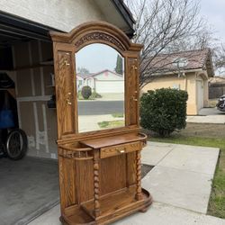 Solid Oak Hall Tree With Mirror & Brass Hooks 