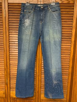 Votre Nom 8 Women’s Faded Stone Denim Blue Jeans Glass Beaded Fireworks