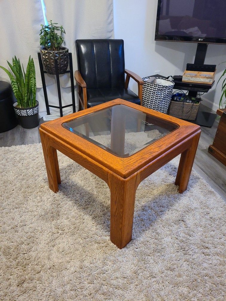 Vintage Solid Wood Coffee Or End Table With MCM Smoked Glass Top
