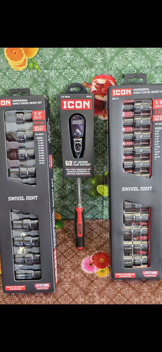 ICON G2 3/8 IN RATCHET WITH 3/8 SAE 12-PCS SOCKET SET. AND 3/8 IN 10-PCS SOCKET SET BUNDLE