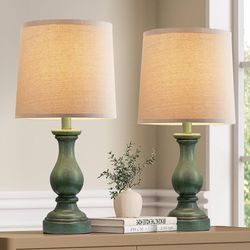 Set of 2 Antique Green Farmhouse 22" Rustic Table Lamp, Boho Bedside Lamps for Night Stands