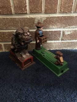 Vintage Cast iron mechanical bank bulldog , monkey