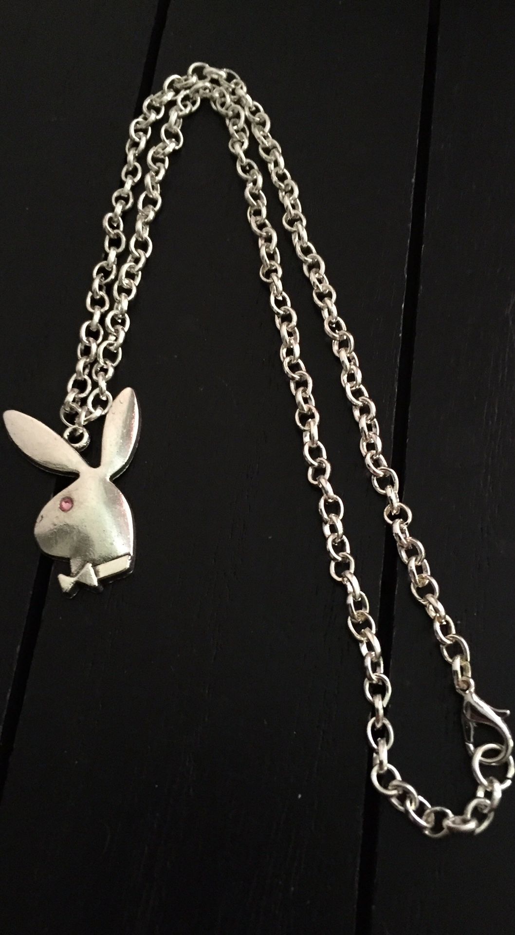 16, 18 or 20 inch/ Shiny Silver Necklace with Playboy Bunny Pendant (Pink Swarovski Glass Crystal Eye)