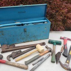 Ridgid Pipe Wrenches,  Hammers,  Blue Steel Toolbox 
