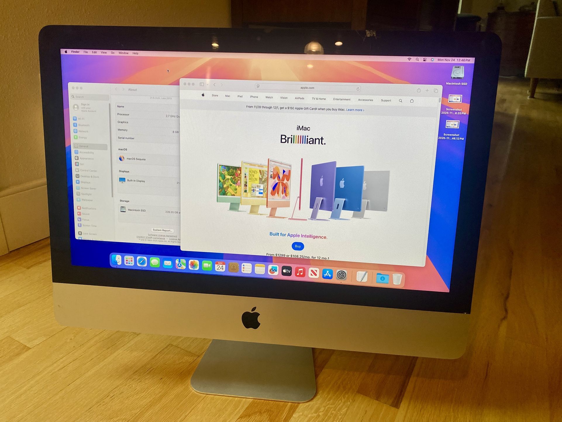  Fast 21.5" 2013 iMac 8GB 256GB SSD Running latest macOS Sequoia