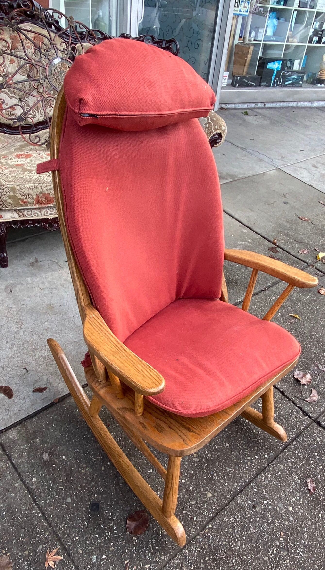 Rocking Chair | Vintage | Solid Oak | Tangerine Orange Cushions