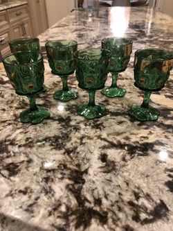 6 Green Antique U.S. Glass EAPG Bull's Eye and Daisy Water Goblet 4.25"