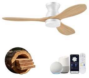 Cumilo 42-Inch Solid Wood Flush Mount Smart Ceiling Fan with LED Light