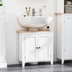 White Under-Sink Bathroom Vanity Cabinet with Wood Top