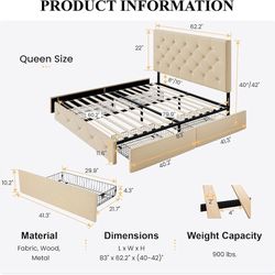 Upholstered Queen Size Platform Bed Frame with 4 Storage Drawers, Adjustable Headboard with Diamond Stitched Button Tufted Design, Wooden Slat Support