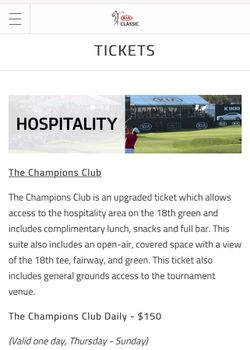 2 Kia Classic Champions Club Tickets- Free drinks & lunch!