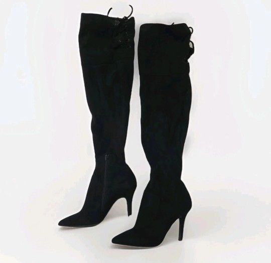 Aldo Fraella Over The Knee Boots Sz 8 - Black Suede Thigh High Lace Back Heel