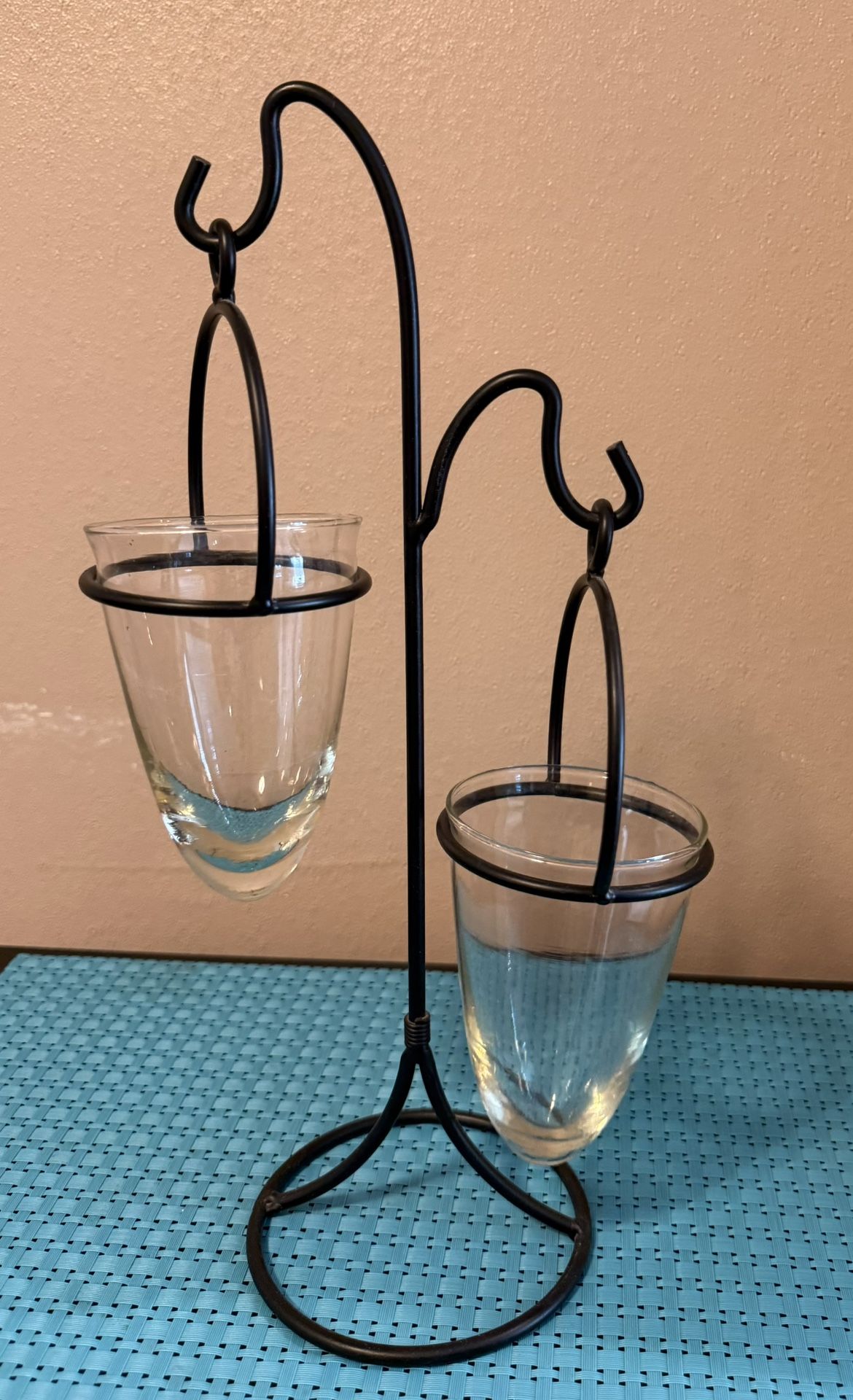 Wrought Iron Glass Dual Hanging Cones Succulent Air Plant Holders or Candles