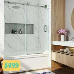   60 in. W x 66 in. H Single Sliding Frameless Soft Close Tub Door in