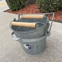 Vintage Galvanized Metal Mop Bucket with Wood Roller Wringers
