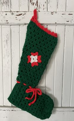Vintage handmade crocheted green granny square patch Christmas stocking.  16” long. Loop for hanging. 