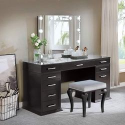 OBSIDIAN GRAY GLAM VANITY HOLLYWOOD GLAMOUR MAKEUP CABINET STORAGE COUNTER DRAWERS STOOL