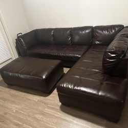 Brown Leather Sectional Couch & ottoman 