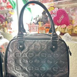 Hello Kitty Sanrio Black Gray Large Carry All Purse Handbag Heart Bow Logo Print