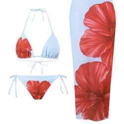 SHENHE,L,3 Pc Bikini Set Floral Triangle Halter String Swimsuit W/ Cover Up Blue
