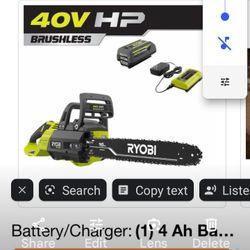 Ryobi 16 " Cordless Chainsaw Hp Brushless 40 Volt