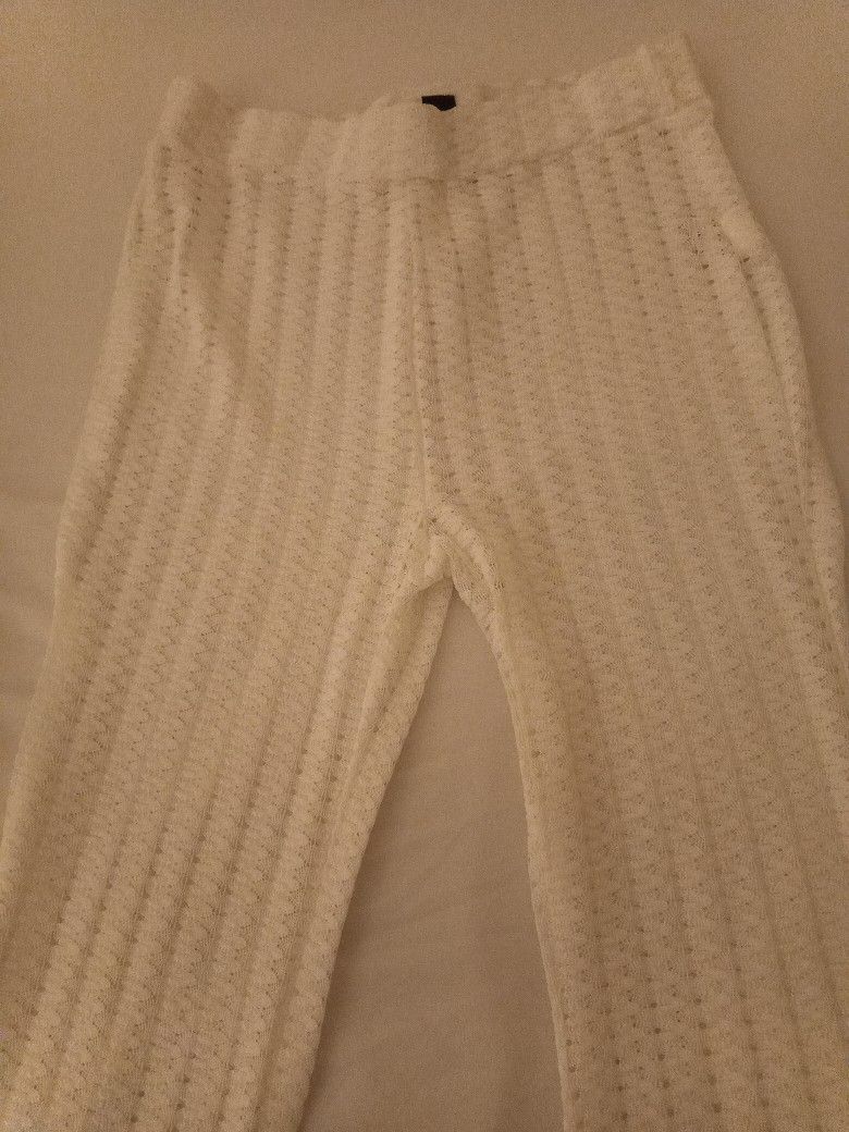 New(petite L)_white, lace, knit, long, wide leg pants